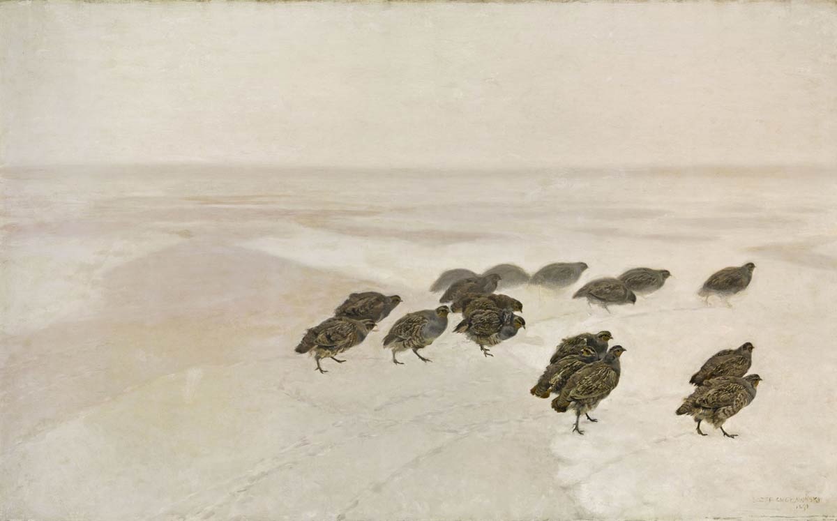 Obraz: Kuropatwy (1891 rok). Olej na płótnie. Autor: Jóżef Chełmoński. Ze zbiorów Muzeum Narodowe w Warszawie
